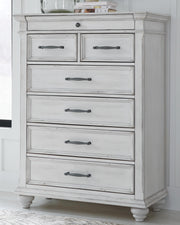 Kanwyn Whitewash Cal King Upholstered Panel Bed, Dresser, Mirror and Chest - B777B23