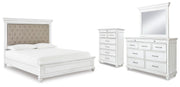 Kanwyn Whitewash Cal King Upholstered Panel Bed, Dresser, Mirror and Chest - B777B23