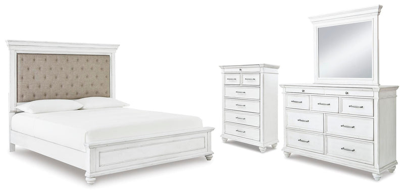 Kanwyn Whitewash Cal King Upholstered Panel Bed, Dresser, Mirror and Chest - B777B23
