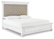 Kanwyn Whitewash Cal King Upholstered Panel Bed, Dresser, Mirror and Chest - B777B23