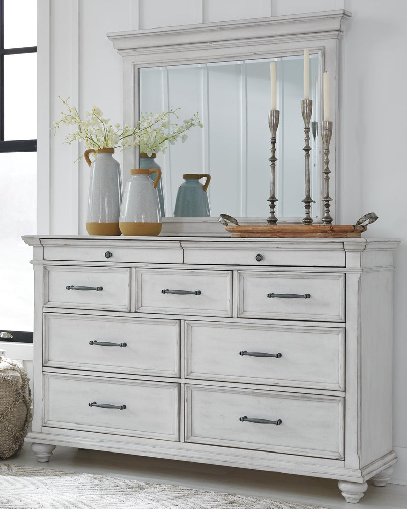 Kanwyn Whitewash King Upholstered Panel Bed, Dresser, Mirror and Chest - B777B18