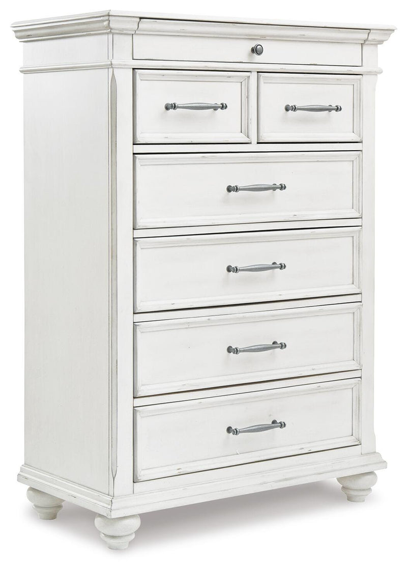 Kanwyn Whitewash King Upholstered Panel Bed, Dresser, Mirror and Chest - B777B18