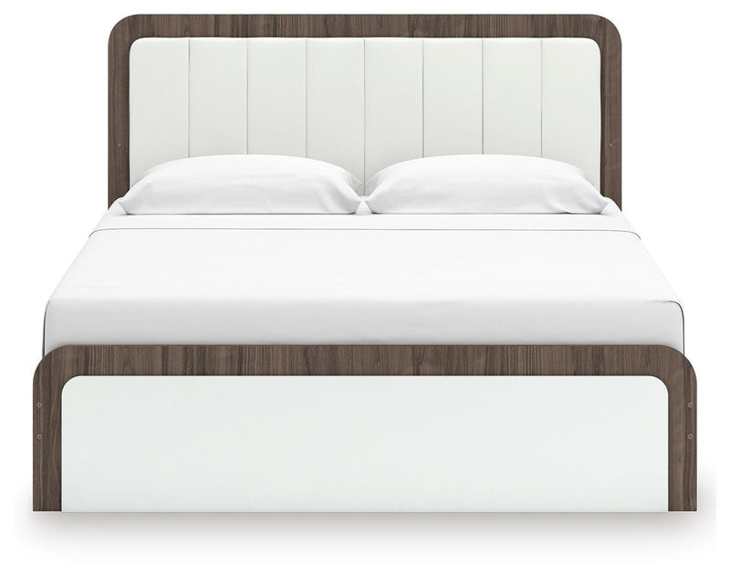 Kendanport White/Brown King Upholstered Bed, Dresser and Nightstand - PCB1108B11