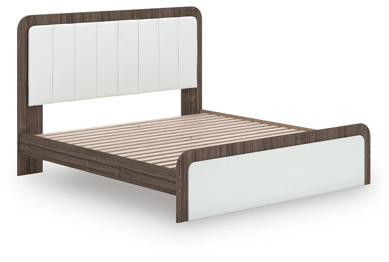 Kendanport White/Brown King Upholstered Bed, Dresser and Nightstand - PCB1108B11