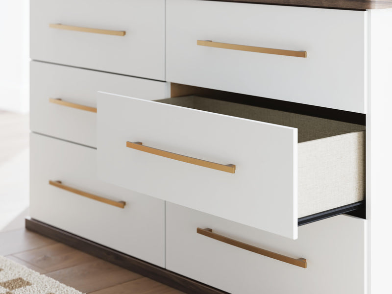 Kendanport White/Brown King Upholstered Bed, Dresser and Nightstand - PCB1108B11