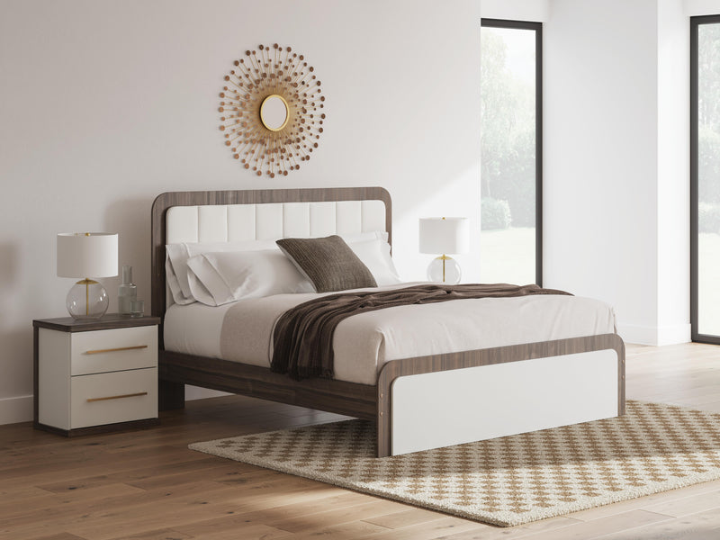 Kendanport White/Brown King Upholstered Bed, Dresser and Nightstand - PCB1108B11