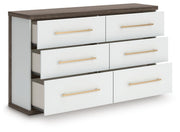 Kendanport White/Brown King Upholstered Bed, Dresser and Nightstand - PCB1108B11