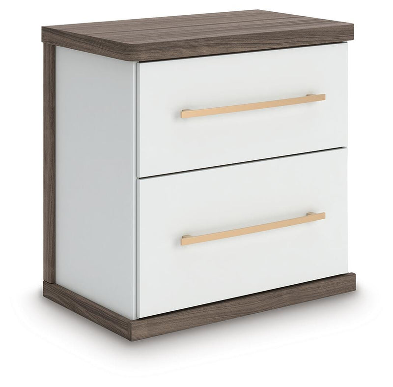 Kendanport White/Brown Queen Upholstered Bed, Dresser and Nightstand - PCB1108B9