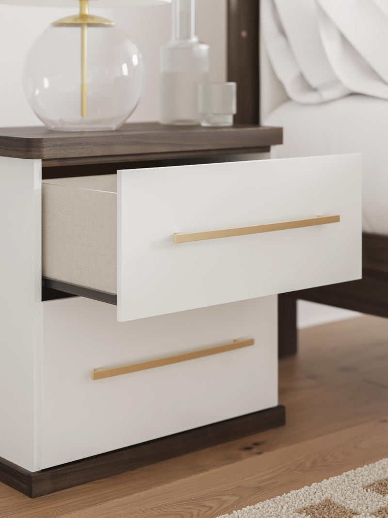 Kendanport White/Brown Queen Upholstered Bed, Dresser and Nightstand - PCB1108B9