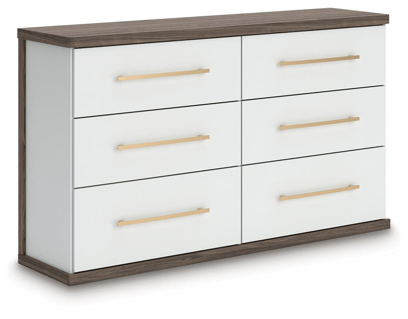 Kendanport White/Brown Queen Upholstered Bed, Dresser and Nightstand - PCB1108B9