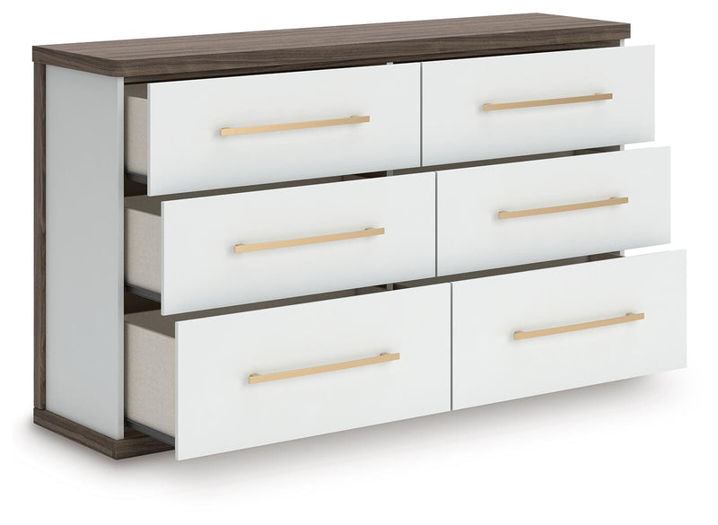 Kendanport White/Brown Queen Upholstered Bed, Dresser and Nightstand - PCB1108B9