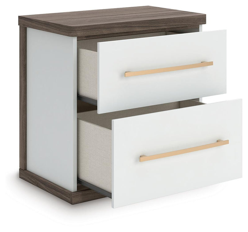 Kendanport White/Brown Queen Upholstered Bed, Dresser, Mirror and Nightstand - PCB1108B10