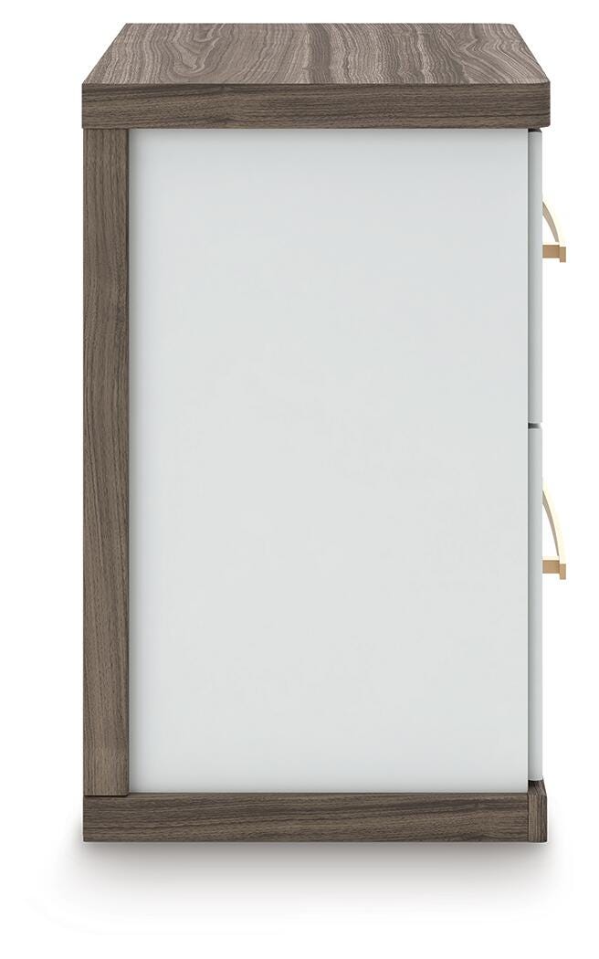 Kendanport White/Brown Queen Upholstered Bed, Dresser, Mirror and Nightstand - PCB1108B10