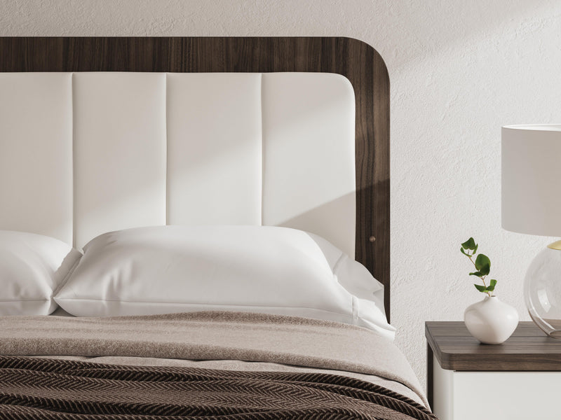 Kendanport White/Brown Queen Upholstered Bed, Dresser, Mirror and Nightstand - PCB1108B10