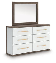 Kendanport White/Brown Queen Upholstered Bed, Dresser, Mirror and Nightstand - PCB1108B10