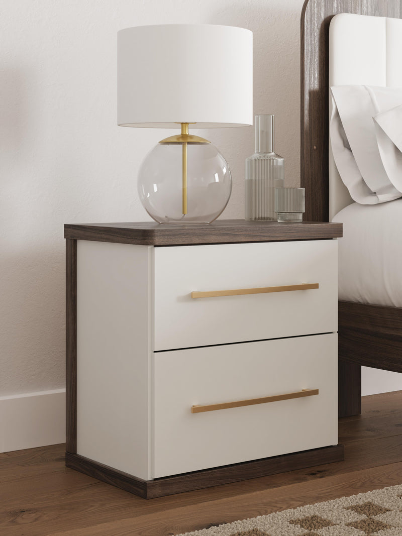 Kendanport White/Brown Queen Upholstered Bed, Dresser, Mirror and Nightstand - PCB1108B10