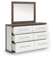 Kendanport White/Brown Queen Upholstered Bed, Dresser, Mirror and Nightstand - PCB1108B10