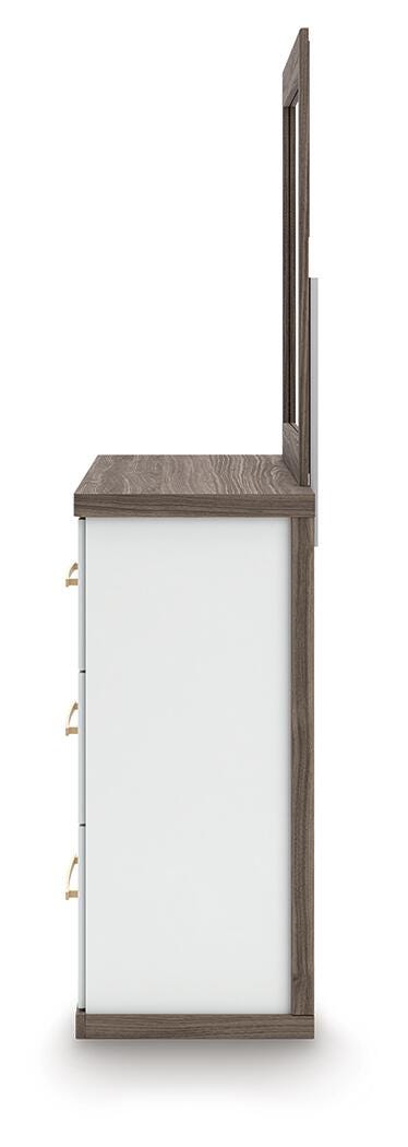 Kendanport White/Brown Queen Upholstered Bed, Dresser, Mirror and Nightstand - PCB1108B10