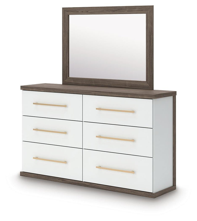 Kendanport White/Brown Queen Upholstered Bed, Dresser, Mirror and Nightstand - PCB1108B10