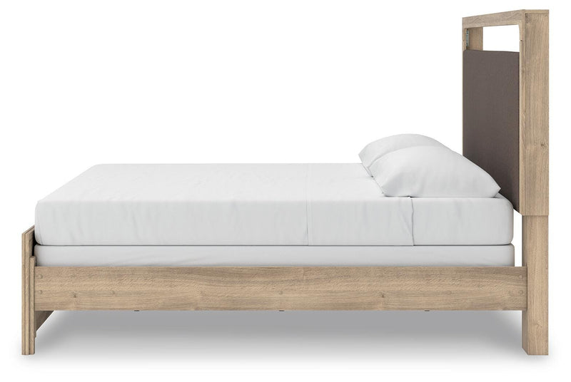 Kinlanni King Upholstered Panel Bed, Dresser and Chest in Tan - PKG023891