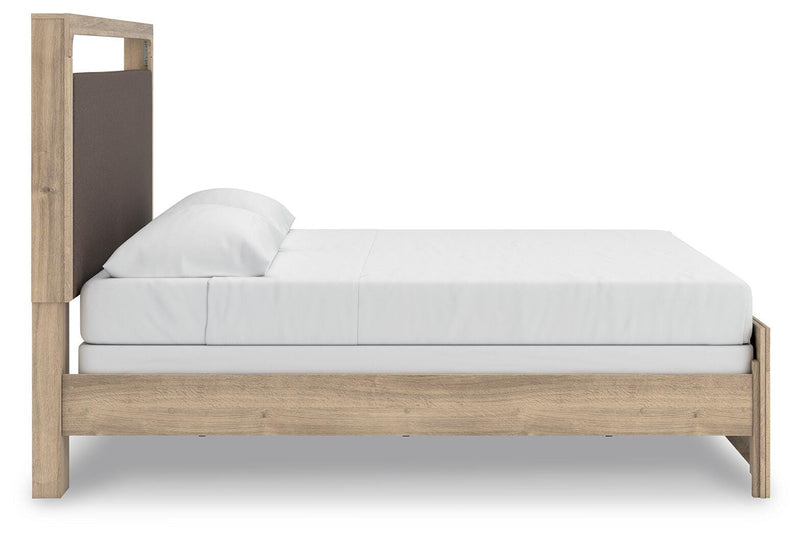 Kinlanni King Upholstered Panel Bed, Dresser and Mirror in Tan - PKG023888