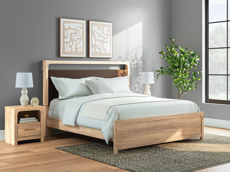 Kinlanni King Upholstered Panel Bed, Dresser and Mirror in Tan - PKG023888