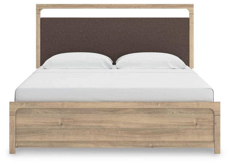 Kinlanni King Upholstered Panel Bed, Dresser and Mirror in Tan - PKG023888
