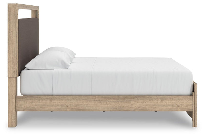Kinlanni King Upholstered Platform Bed, Dresser and Chest in Tan - PKG023901