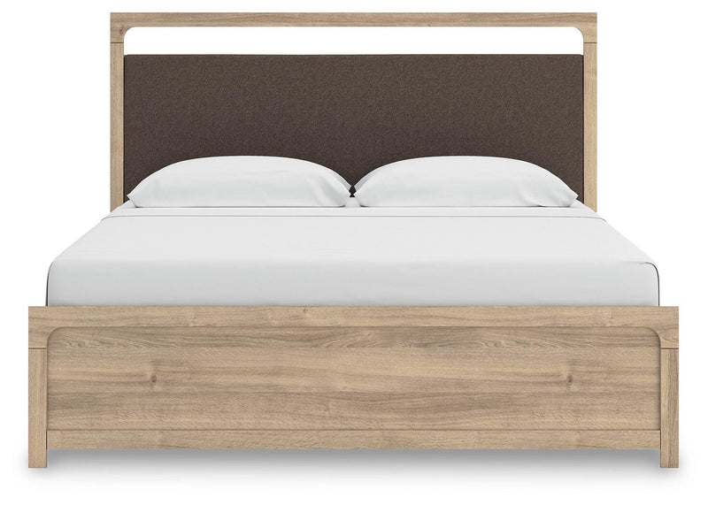 Kinlanni King Upholstered Platform Bed, Dresser and Nightstand in Tan - PKG023900