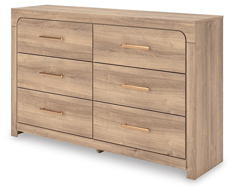 Kinlanni King Upholstered Platform Bed, Dresser and Nightstand in Tan - PKG023900