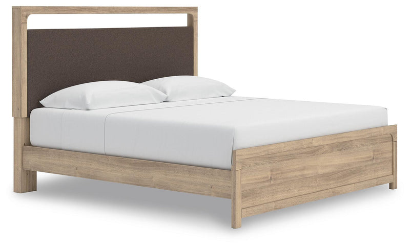 Kinlanni King Upholstered Platform Bed, Dresser, Mirror and Nightstand in Tan - PKG023899