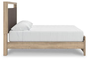 Kinlanni King Upholstered Platform Bed, Dresser, Mirror and Nightstand in Tan - PKG023899