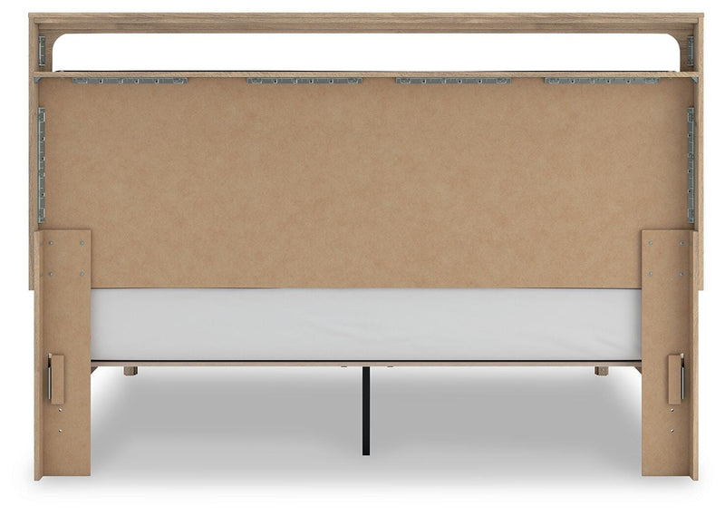 Kinlanni King Upholstered Platform Bed, Dresser, Mirror and Nightstand in Tan - PKG023899