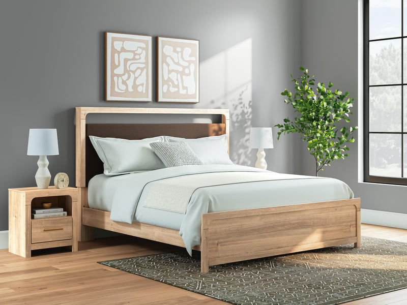 Kinlanni King Upholstered Platform Bed, Dresser, Mirror and Nightstand in Tan - PKG023899