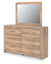 Kinlanni King Upholstered Platform Bed, Dresser, Mirror and Nightstand in Tan - PKG023899