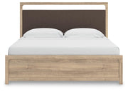 Kinlanni King Upholstered Platform Bed, Dresser, Mirror and Nightstand in Tan - PKG023899