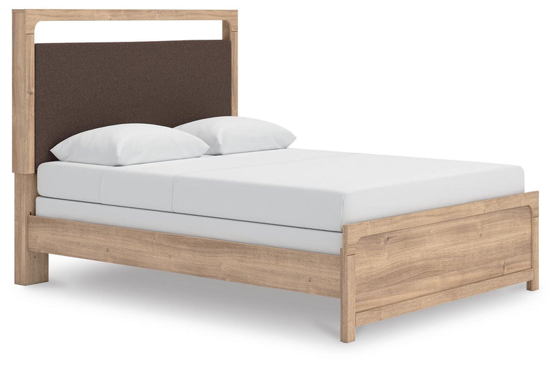 Kinlanni Queen Upholstered Panel Bed and Dresser in Tan - PKG023882