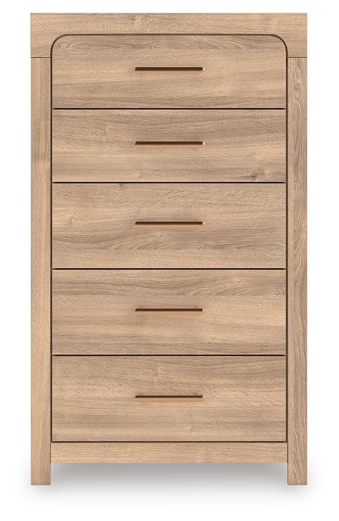 Kinlanni Queen Upholstered Panel Bed, Dresser and Chest in Tan - PKG023886