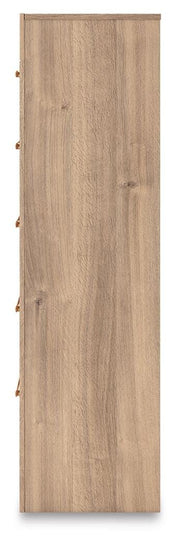 Kinlanni Queen Upholstered Panel Bed, Dresser and Chest in Tan - PKG023886