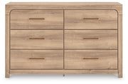 Kinlanni Queen Upholstered Panel Bed, Dresser and Nightstand in Tan - PKG023885