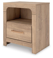 Kinlanni Queen Upholstered Panel Bed, Dresser and Nightstand in Tan - PKG023885