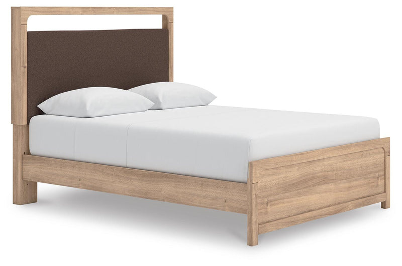 Kinlanni Queen Upholstered Platform Bed and Dresser in Tan - PKG023892