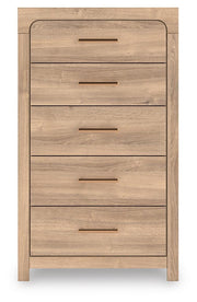 Kinlanni Queen Upholstered Platform Bed, Dresser and Chest in Tan - PKG023896