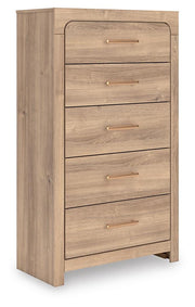 Kinlanni Queen Upholstered Platform Bed, Dresser and Chest in Tan - PKG023896