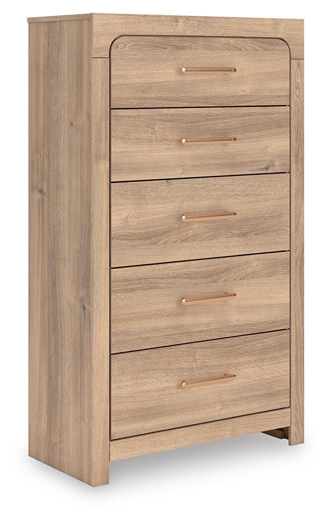 Kinlanni Queen Upholstered Platform Bed, Dresser and Chest in Tan - PKG023896