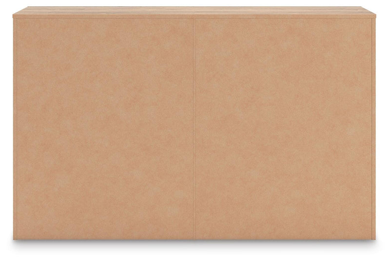 Kinlanni Queen Upholstered Platform Bed, Dresser and Chest in Tan - PKG023896