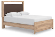 Kinlanni Queen Upholstered Platform Bed, Dresser and Nightstand in Tan - PKG023895