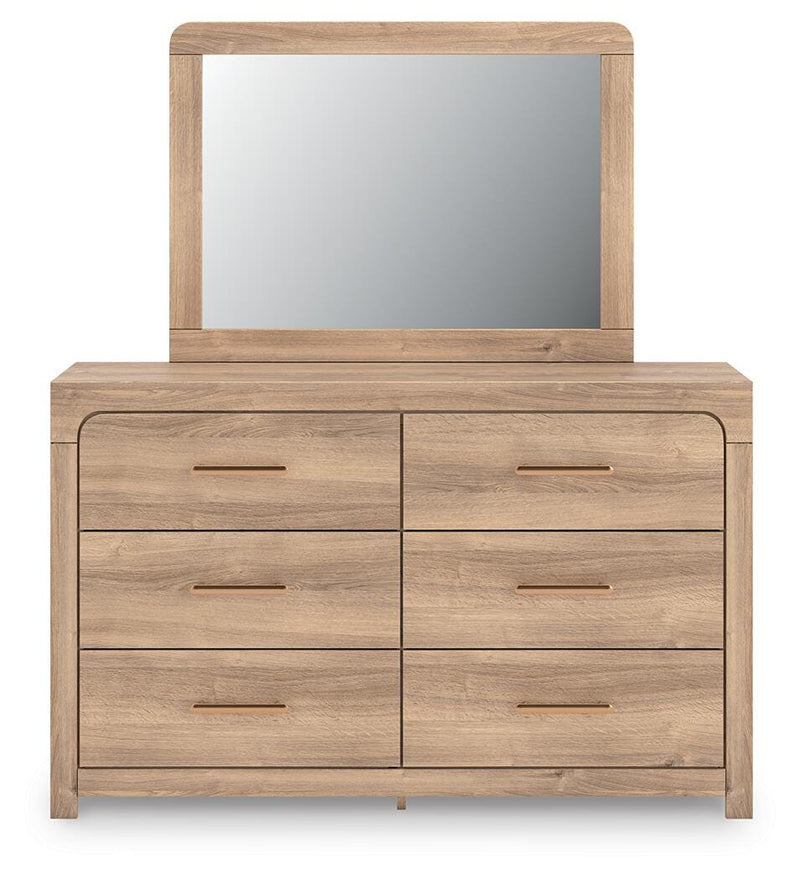 Kinlanni Queen Upholstered Platform Bed, Dresser, Mirror and Nightstand in Tan - PKG023894