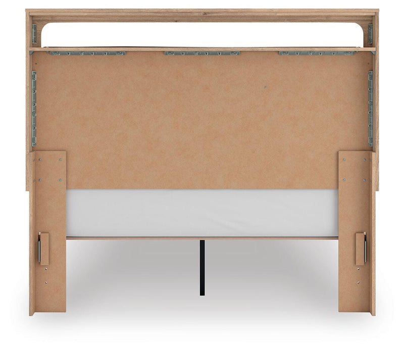 Kinlanni Queen Upholstered Platform Bed, Dresser, Mirror and Nightstand in Tan - PKG023894