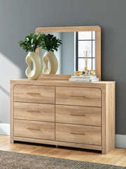 Kinlanni Queen Upholstered Platform Bed, Dresser, Mirror and Nightstand in Tan - PKG023894